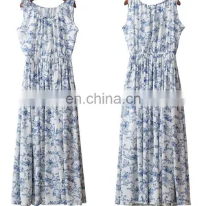 Ruffle Pleated Blue Printed Flowery Sleeveless Long Dress Cotton Skirt With Drawstring Neck thumbnail-1