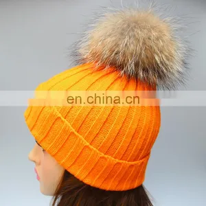 2016 Girls Winter Knitted Fur Bobble Hat With Big Genuine Raccoon Fur Bobble thumbnail-3