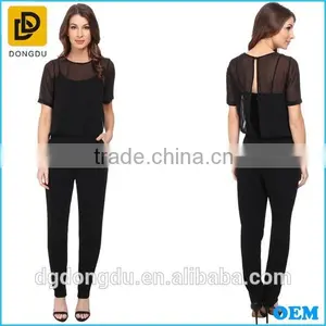 Latest Style Hot Sale Illusion Short Sleeves Elasticized Waist Jumpsuit For Women thumbnail-1