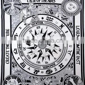 Indian Tapestry Cotton Bedding Bedsheet Cycle Of Ages Zodiac Print Wall Hanging Tapestries Throw Mandala Print thumbnail-2
