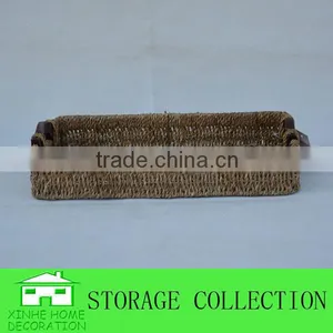 Rectangular Seagrass Woven Chocolate Packaging Food Tray With Wood Handle thumbnail-1