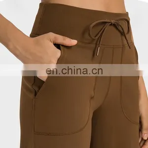 Wholesale Custom Loose Wide Leg Flared Yoga Pants Ladies Dance Gym Wear Drawstring With Side Pocket Leggings Trousers For Women thumbnail-3