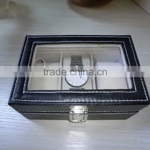 Luxury Black Leather Shadow Window Lid Watch Box Gift Box Lint Lock Front Black Jewelry Leather Box thumbnail-5