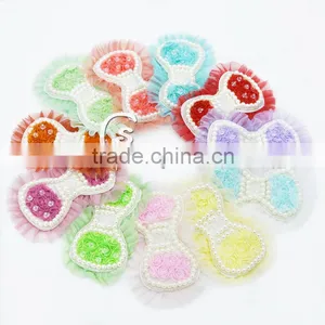 5" Chiffon Pearl Bows With Tulle Embellished With Beads and Sparkle Stones Quality Choice thumbnail-3