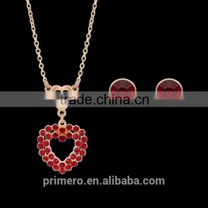New Arrival High Quality Red Crystal Stone Love Heart Ladies Stud Earrings / Necklaces Jewelry Sets thumbnail-2
