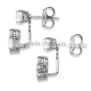 Fashion Sterling Silver Round Cubic Zirconia Adjustable Ear Jacket Stud Earrings thumbnail-2