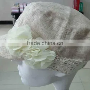 WLLS030333 Vintage 2014 Plain Khaki Student Cap With Flower and Lace Trim thumbnail-1