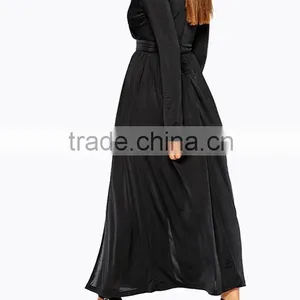 Plain Black Pleated Skirt Long Sleeve Deep v Evening Dress thumbnail-2