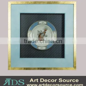 Gold Solid Wooden Frame Ceramic Plate Bird Pattern Shadow Box Wall Art thumbnail-1