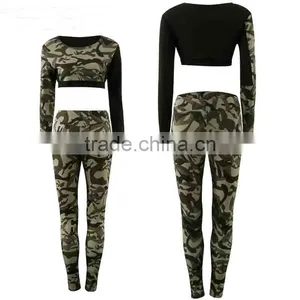 Cheap Wholesale Designer Fitness Camouflage Printed Tracksuit 2 Pieces Short Tops Long Bodycon Pants Sexy Casual Women's Set thumbnail-1