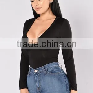 Most Popular Sexy Full Bodysuits 95% Rayon 5% Spandex Deep V Neckline Long Sleeve Sexy Bodysuits Women thumbnail-3