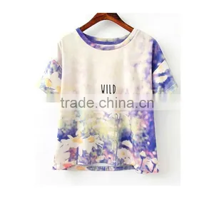 Fashion Flower Print T-shirt Short Sleeve Round Neck T-shirt for Ladies thumbnail-1
