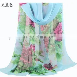 Fashion Women Chiffon Scarf Spring Summer Peony Flower Printing Elegant Lady Shawls Scarves thumbnail-5