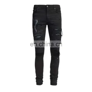 DiZNEW Guangzhou Factory Distressed Damage Embroidered Snakes Jeans Men thumbnail-2