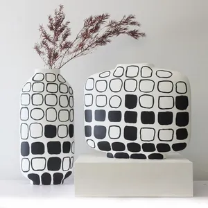 Minimalism Hand Paint White Black Stripe Grid Ceramic Flower Vase For Showroom Decor thumbnail-3