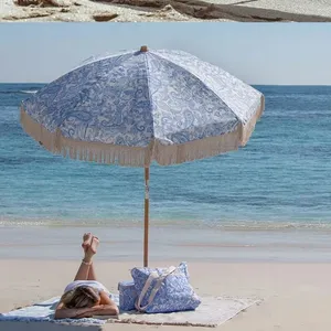 Wholesale 7FT Fringe Beach Umbrellas Outdoor Patio Umbrella OEM Customized UPF50+ Polyester With Aluminum Pole Windproof thumbnail-2
