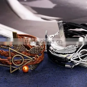 New Fashion Owl Deathly Hallows Angel Wing Leather Bracelet DIY thumbnail-1