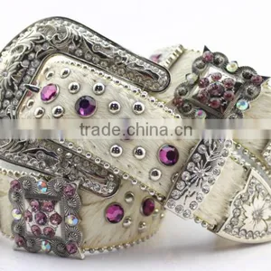 Cowgirl Purple Rhinestone Cross Crystal Studded Western Leather Hair Belts thumbnail-3