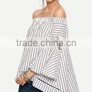 Women's Off The Shoulder Bell Sleeve Striped Blouse thumbnail-4