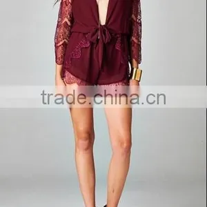 2015 New Stylish Sexy Ladies Deep V Neck Open Front Romper Playsuit Lace Sleeve Short Jumpsuit thumbnail-2