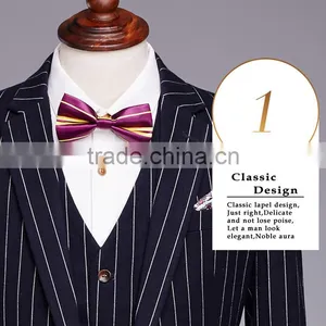 2017 Latest Design 3 Pieces Suits With Long Blazer Waistcoat and Pants Dark Blue Stripe Suite Made in China thumbnail-4
