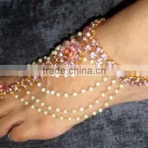Gold Pink Crystal Pearl Anklets Toe Ring Barefoot Sandal PAYAL PAIR thumbnail-2
