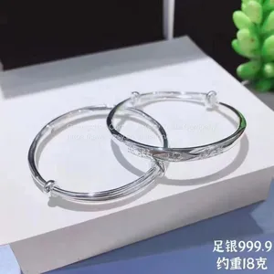 S999 Foot Silver Bracelet Women Solid Smooth Silver Bracelet Push Pull Silver Bracelet Young Girl Friend Mother Birthday Present. thumbnail-1