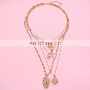 Fashion Metal Chain Pendant Necklace for Women Vintage Heart Cross Coin Lock Collar Multilayer Gold Necklace Choker Jewelry/ thumbnail-5