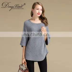 Luxury Pure Cashmere Women's Sweater Half Flare Sleeve Pullover Crew Neck Casual O-Neck Top Solid Style Autumn Season Front Logo thumbnail-4
