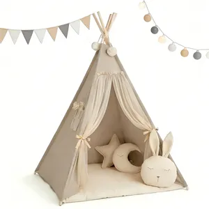 Boho Style Teepee Tent for Kids With Curtains and Mesh Door ,Teepee Tent for Kids, Foldable Play Tent for Girls & Boys, , Cozy Warm Room Decor thumbnail-1