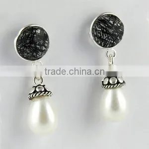 Most Clever Black Rutile & Pearl 925 Sterling Silver Earring, Gemstone Silver Jewelry, Handmade Silver Jewelry thumbnail-1