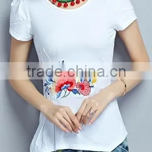 Folk Embroidery Show Thin Asymmetric Hem With Short Sleeves in Summer of Embroidery Tshirts thumbnail-1