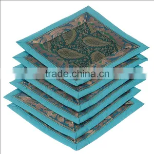 Indian Silk Table Runner With 6 Place Mats & 6 Coaster in Turquoise Color Size 16*62 thumbnail-2