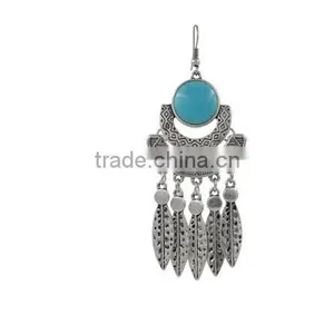 New Summer Style Ginasy Silver Geometry Turquoise Leaf Drop Tassels Dangle Earrings thumbnail-2