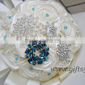 Customized Handmade Wedding Bouquets With Gorgeous Blue/ Silver Brooch thumbnail-1