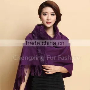 CX-B-P-41D Fur Trim Decora Fashion Women Plain Pashmina Shawl With Fur thumbnail-2