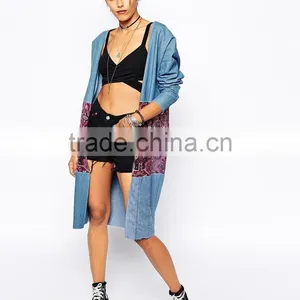 Milk It Vintage Mixed Denim Floral Longline Kimono Jacket thumbnail-1
