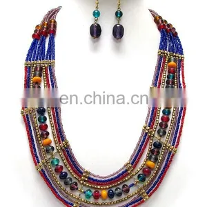 Multi Colour Beaded Multi-Strand Tribal Style Statement Necklace & Earrings thumbnail-1