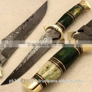 Custom Handmade Damascus Blade Wood & Bone Green Color With Brass Ring Handle thumbnail-1