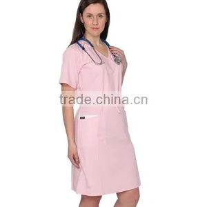 Custom Women Workwear A Line Scrub Casual Pink Soft Dress Short Sleeve Nurse Uniform With Waist Drawstring In Hospital Wear thumbnail-1