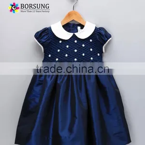 Baby Hand Smocked Peter Pan Collar Short Puff Sleeve Navy Blue Dress Party Dress for Kids Clothing thumbnail-1