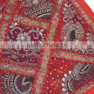 Elegant Red Decorative Living Room Square India Inspired Floor Pillow Cover thumbnail-4