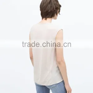 2015 New Fashion Sleeveless Round Neck Print Chiffon Lady Top Designer thumbnail-4