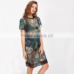 WOMEN Sexy Short Shirt Dress, Printed and Mesh Design Black Dress thumbnail-3