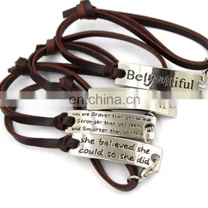 High Quality Stainless Steel Jewelry Fashion Bracelet Customerized Engrave Messages Leather Bracelet thumbnail-1