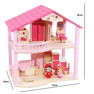 Montessori Toddler Children Toys House Simulation House Diy Wooden Dollhouse DIY Pink Doll House Cottage thumbnail-2