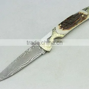 Antler + Brass Handle OEM Damascus Steel Folding Knife Collection Knife Hand Tool UDTEK01304 thumbnail-1