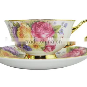 High Quality New Product 200ml Bone China European Style Flower Pattern Coffee Cup With Saucer Set for Mother's Day Gifts thumbnail-1