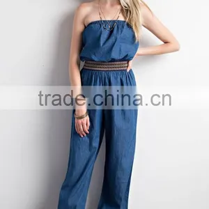 100% Cotton Solid Denim Woven Jumpsuit Elastic Waist Off Shoulder Plus Size Denim Jumpsuit Women thumbnail-3