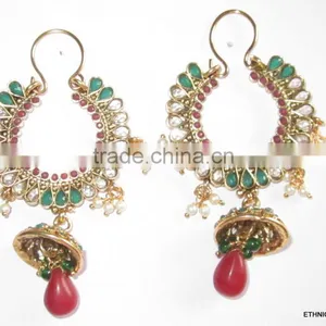 Bali Hoop Polki Jhumka Gold Tone Dangler EARRINGS thumbnail-1
